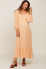 Yellow Floral Square Neck 3/4 Sleeve Maternity Midi Dress