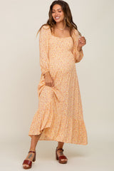 Yellow Floral Square Neck 3/4 Sleeve Maternity Midi Dress