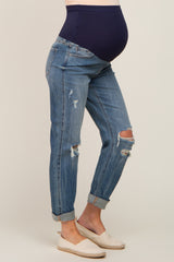 Blue Distressed Knee Rolled Hem Maternity Straight Leg Jeans