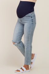 Light Blue Distressed Knee Maternity Straight Leg Jeans