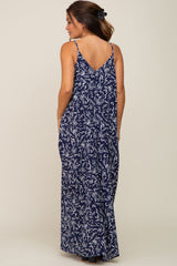 Navy Leaf Print Double V-Neck Maternity Maxi Dress