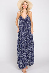 Navy Leaf Print Double V-Neck Maxi Dress