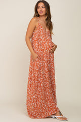 Rust Leaf Print Double V-Neck Maternity Maxi Dress