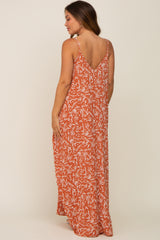 Rust Leaf Print Double V-Neck Maternity Maxi Dress