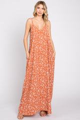 Rust Leaf Print Double V-Neck Maternity Maxi Dress