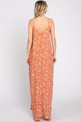 Rust Leaf Print Double V-Neck Maxi Dress