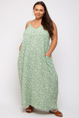 Mint Leaf Print Double V-Neck Plus Maxi Dress