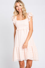 Light Pink Striped Trim Layered Flounce Sleeve Dress