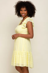 Yellow Striped Trim Layered Flounce Sleeve Dress