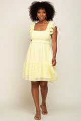 Yellow Striped Trim Layered Flounce Sleeve Dress