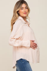 Peach Button-Down Raw Hem Maternity Blouse