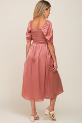 Pink Satin Puff Sleeve Maternity Midi Dress