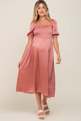 Pink Satin Puff Sleeve Maternity Midi Dress