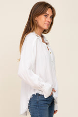 White Button-Down Raw Hem Blouse