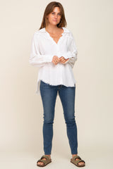 White Button-Down Raw Hem Blouse