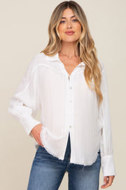 White Button-Down Raw Hem Maternity Blouse