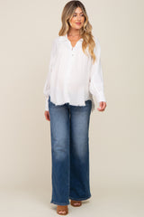 White Button-Down Raw Hem Maternity Blouse