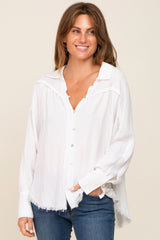 White Button-Down Raw Hem Maternity Blouse