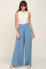 Blue Smocked Waist Flowy Maternity Pants