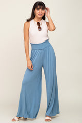 Blue Smocked Waist Flowy Pants