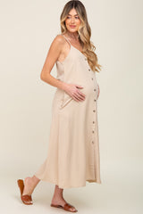 Beige Button Down Maternity Midi Tank Dress