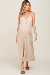 Beige Button Down Maternity Midi Tank Dress