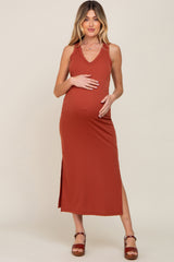 Rust Basic Maternity Shift Midi Dress