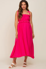 Fuchsia Shirred Shoulder Tie Maternity Midi Dress