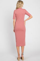 Mauve Ribbed Mock Neck Midi Dress