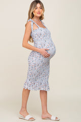 Light Blue Floral Smocked Fitted Maternity Dress