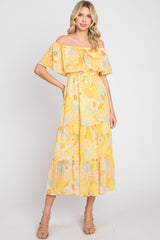 Yellow Floral Flounce Off Shoulder Maternity Midi Dress