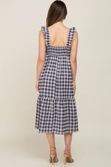 Navy Blue Checkered Linen Sweetheart Neck Ruffle Strap Maternity Midi Dress