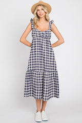 Navy Blue Checkered Linen Sweetheart Neck Ruffle Strap Midi Dress