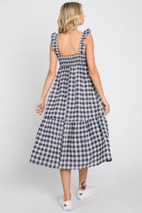 Navy Blue Checkered Linen Sweetheart Neck Ruffle Strap Midi Dress