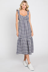 Navy Blue Checkered Linen Sweetheart Neck Ruffle Strap Midi Dress