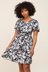 Black Floral Smocked Gathered Tier Maternity Dress