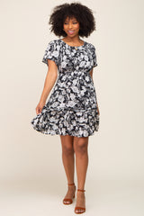 Black Floral Smocked Gathered Tier Dress