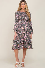 Black Floral Smocked 3/4 Sleeve Tiered Maternity Midi Dress