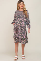 Black Floral Smocked 3/4 Sleeve Tiered Maternity Midi Dress