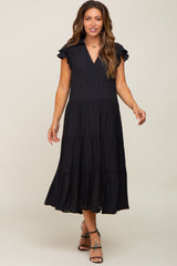 Black Flutter Sleeve Tiered Maternity Midi Dress