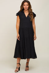 Black Flutter Sleeve Tiered Maternity Midi Dress