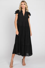 Black Flutter Sleeve Tiered Maternity Midi Dress