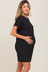 Black Ribbed Front Pocket Dolman Short Sleeve Maternity Dress