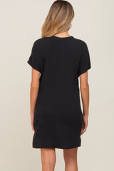 Black Ribbed Front Pocket Dolman Short Sleeve Maternity Dress