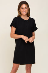 Black Ribbed Front Pocket Dolman Short Sleeve Maternity Dress