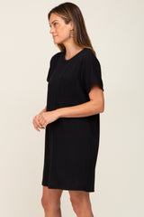 Black Ribbed Front Pocket Dolman Short Sleeve Dress