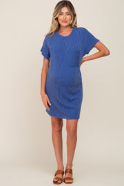 Royal Blue Ribbed Front Pocket Dolman Short Sleeve Maternity Dress