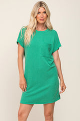 Green Ribbed Front Pocket Dolman Short Sleeve Dress