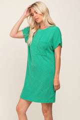 Green Ribbed Front Pocket Dolman Short Sleeve Dress