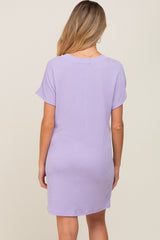 Lavender Ribbed Front Pocket Dolman Short Sleeve Maternity Dress